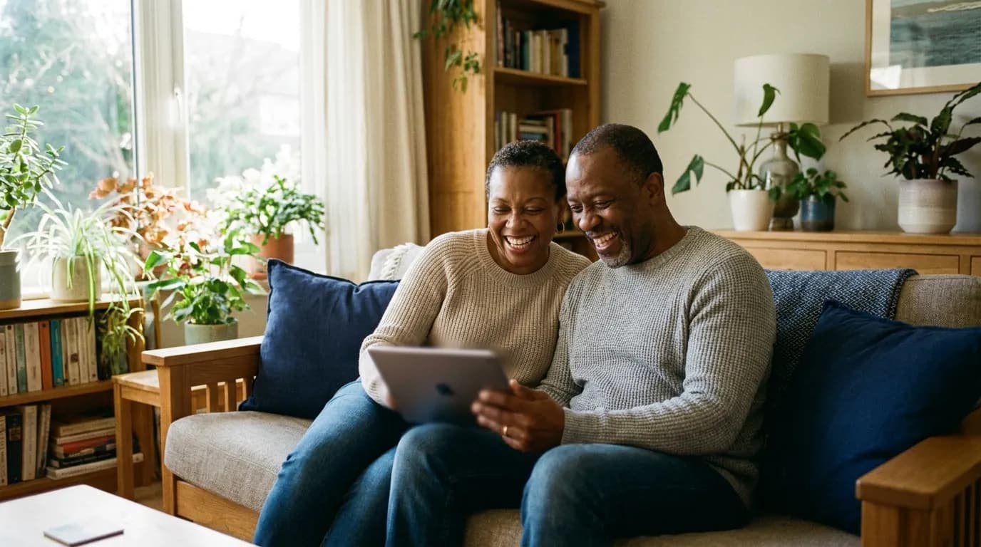 A couple looking through coverage options on a tablet at home