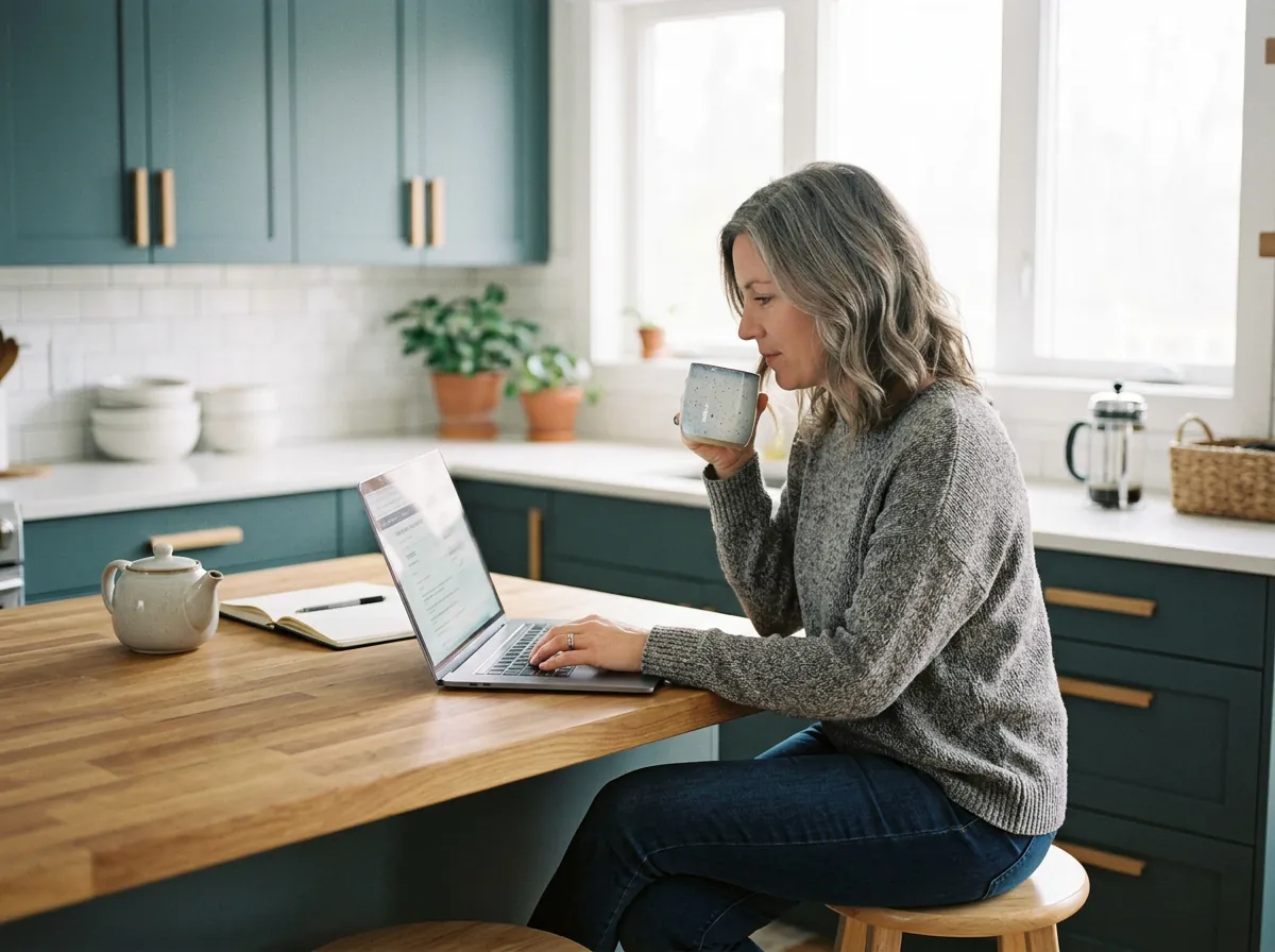 Someone filling in a short form on a laptop at their kitchen island
