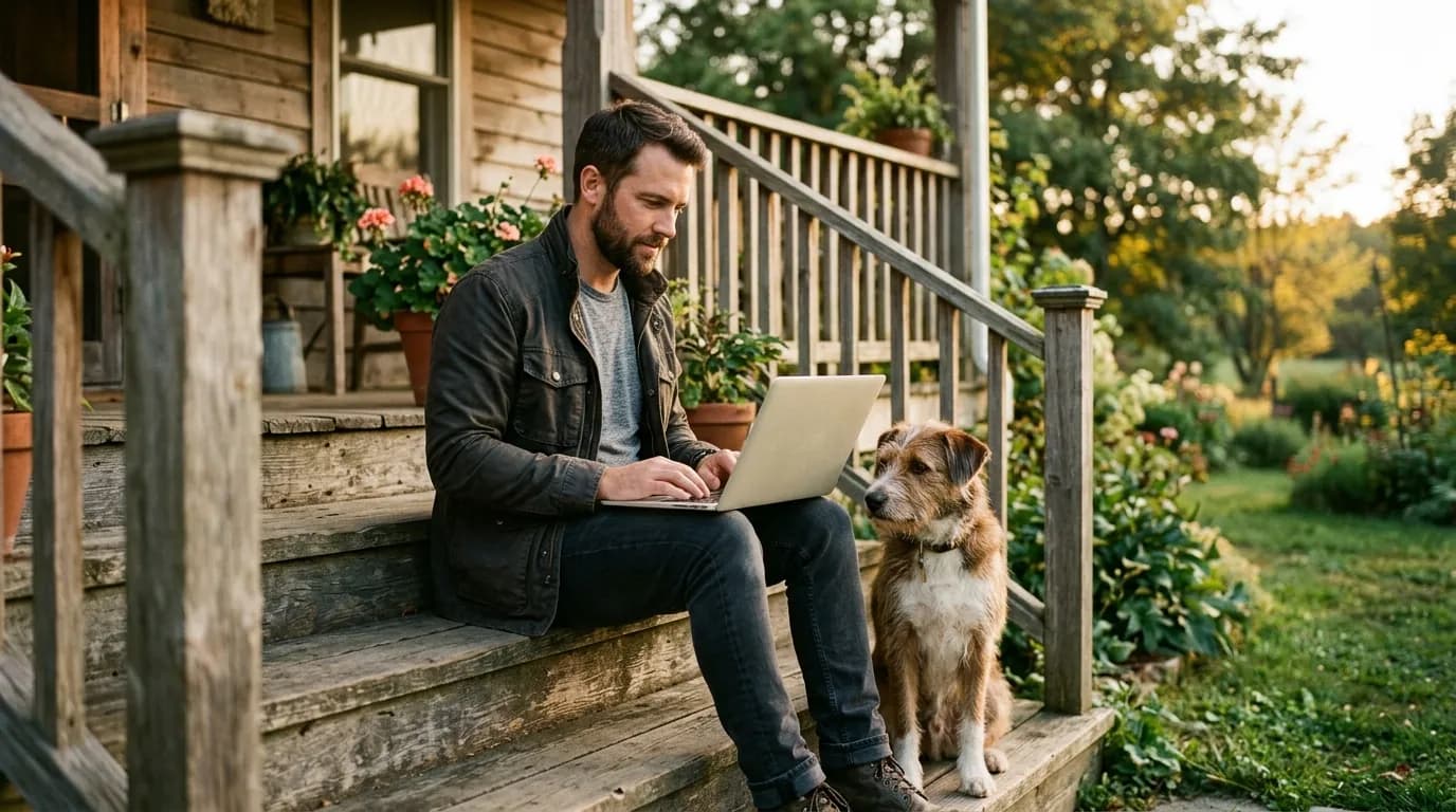 A man reviewing options on a laptop on his porch