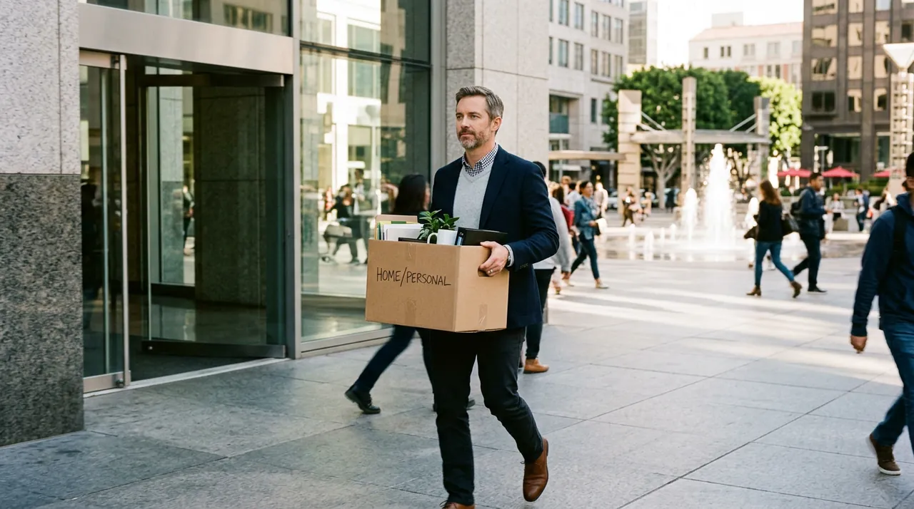 A man carrying a box of his belongings out of an office