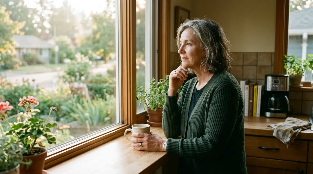 A woman at her kitchen window thinking through her next step