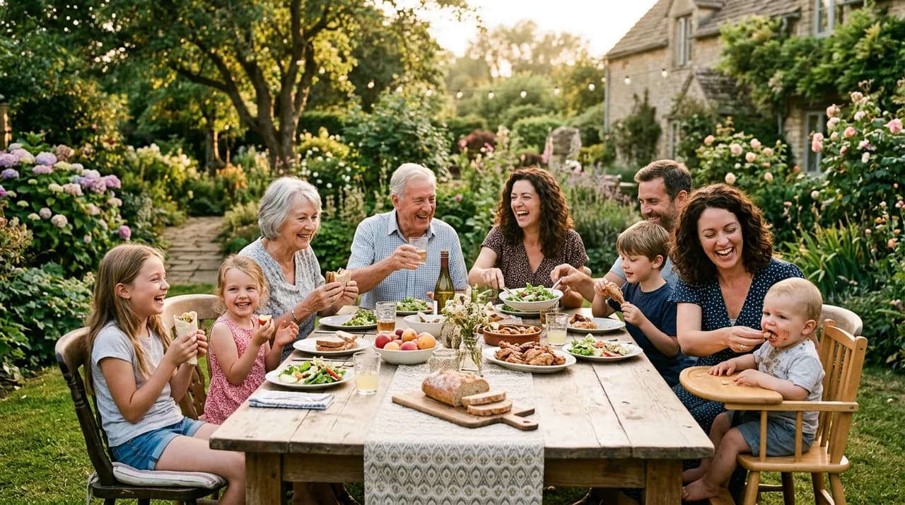 A multigenerational family sharing a backyard picnic