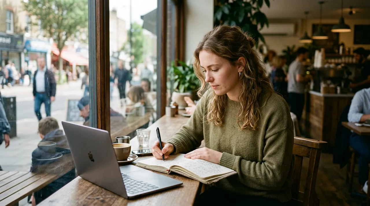 A young woman planning in a notebook at a cafe
