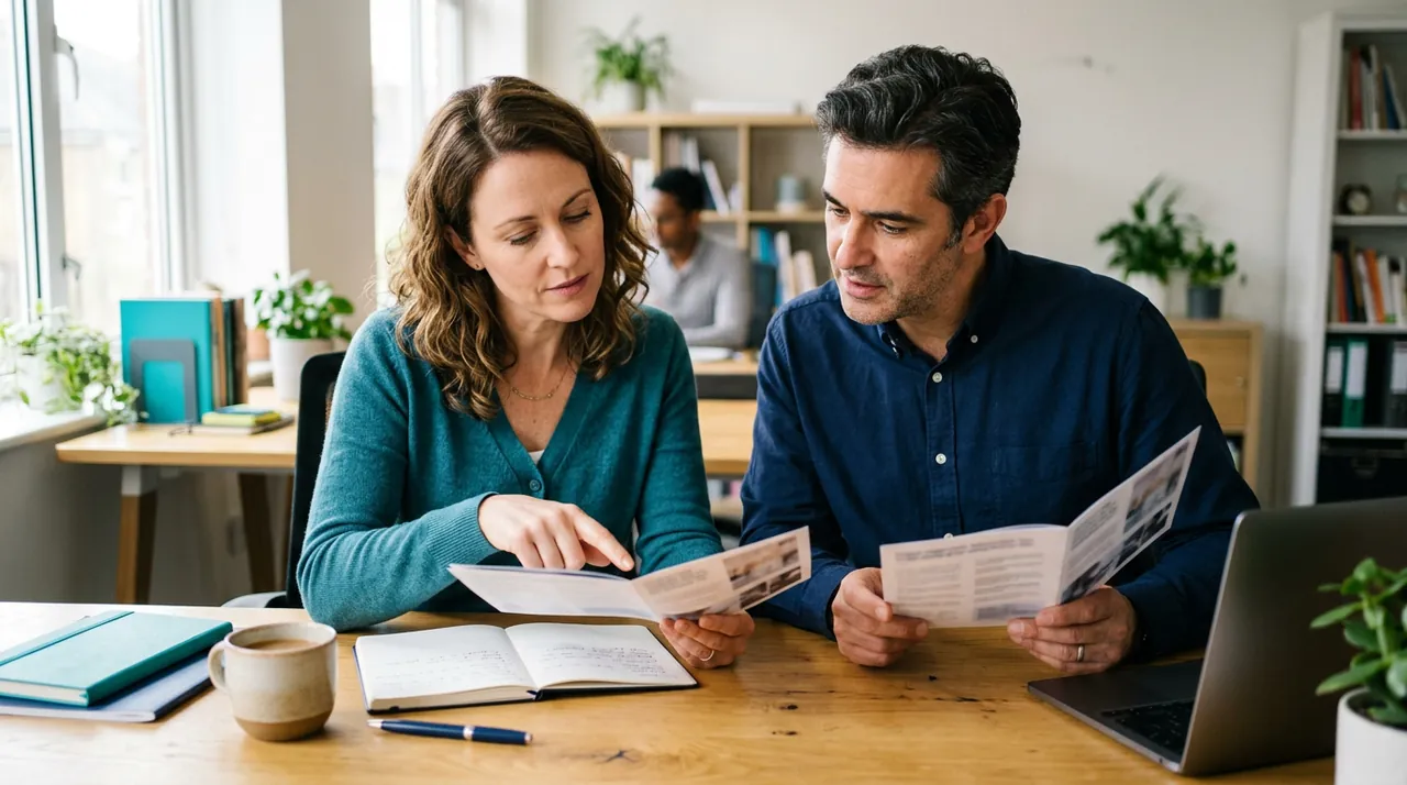 Two people comparing printed brochures at a desk