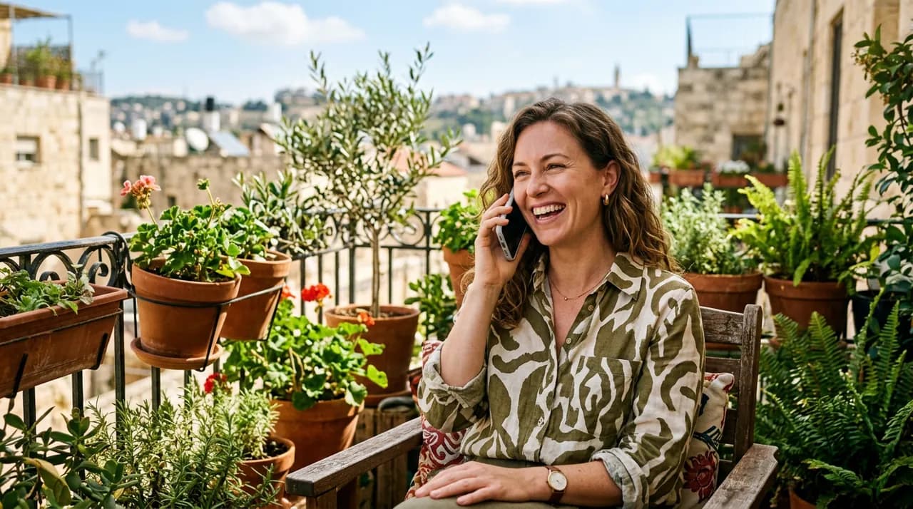 A woman smiling on a phone call on her balcony