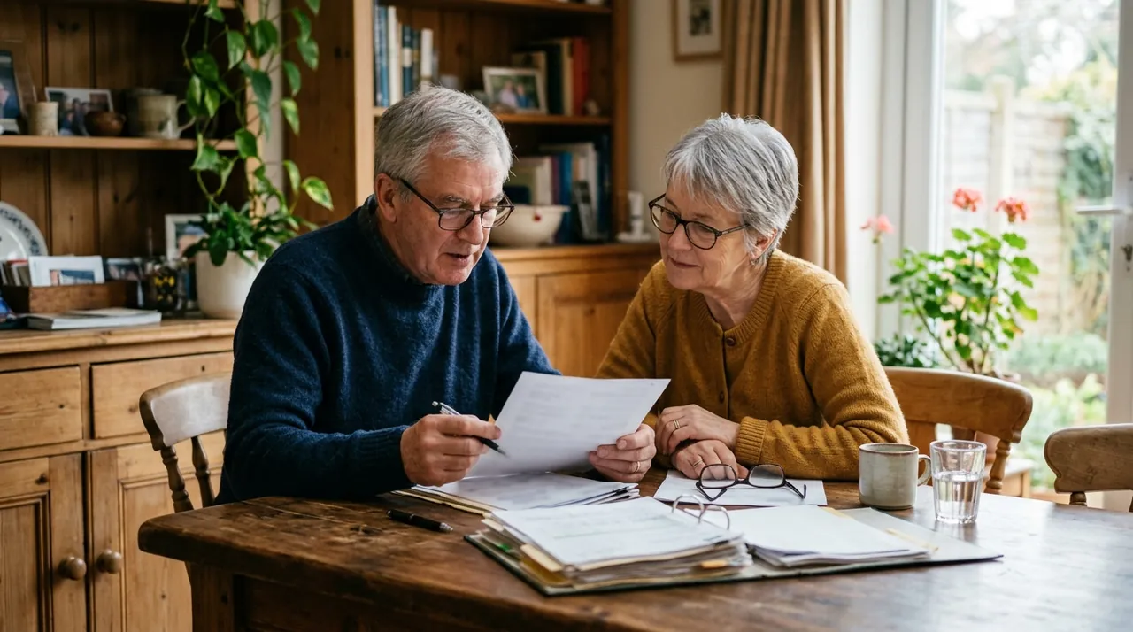 An older couple reviewing paperwork together at home