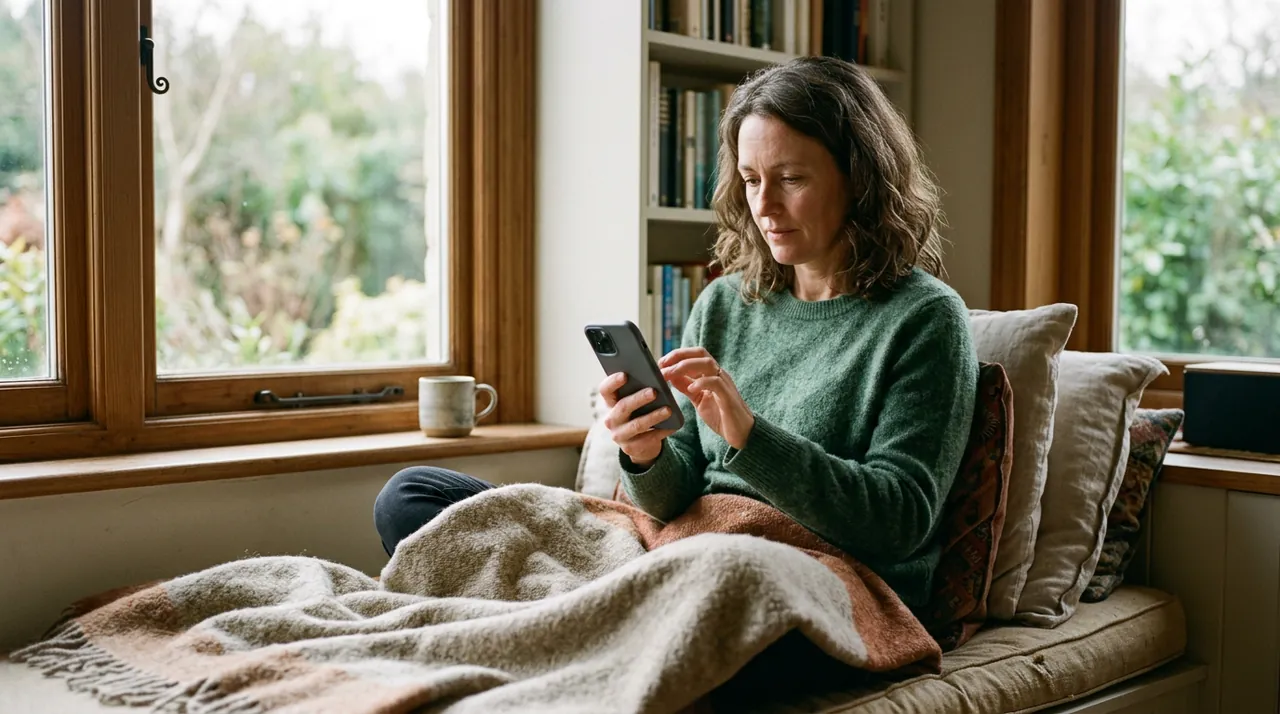 A woman adjusting settings on her phone by a window