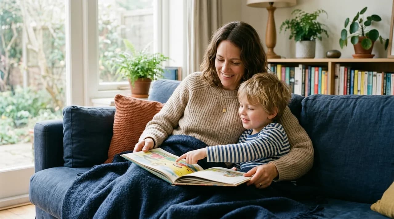 A mother and son reading a picture book on the couch