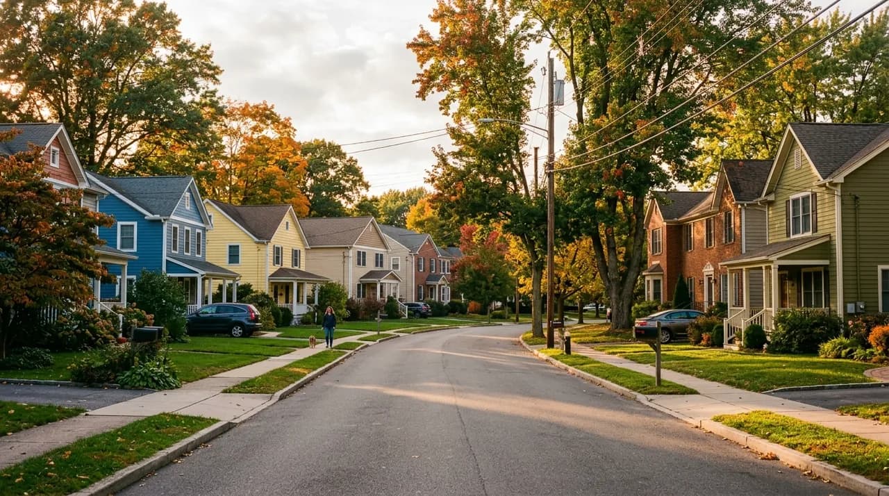 A quiet tree-lined suburban street in the afternoon sun