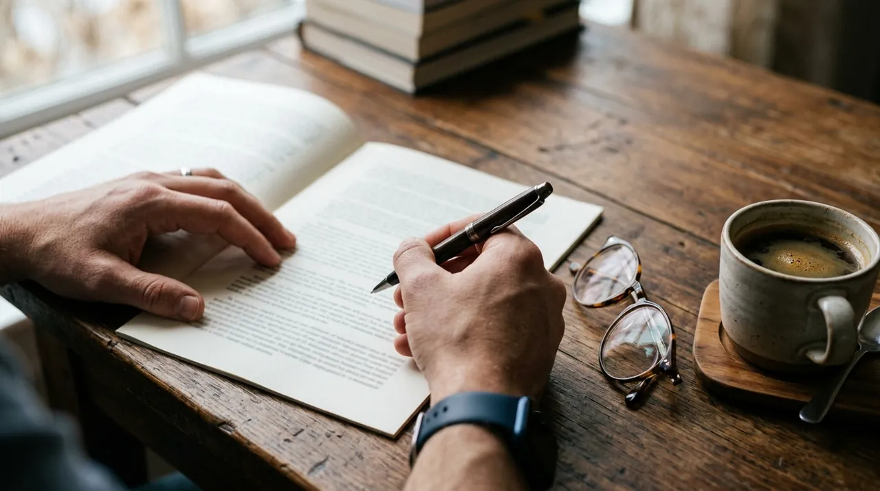 Hands holding a pen over a document on a wooden desk